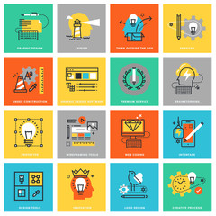 Modern thin line flat design icons for graphic and web design services and tools, innovation and creative process. Icons for web and app design, easy to use and highly customizable.