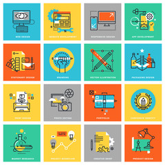 Modern thin line flat design icons for corporate identity, graphic design process, market research, web design and app development. Icons for web and app design, easy to use and highly customizable.