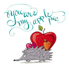 hedgehog bears apples. card with lettering