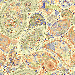Paisley vintage floral motif ethnic seamless background. Abstract lace pattern. Ability to edit the colors, without losing seamlessly. Hand drawing colorful wallpaper. EPS-8 vector texture.
