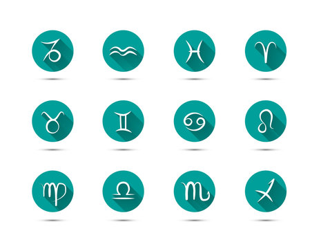 Set of zodiac flat icons with long shadow on green background