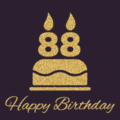 The birthday cake with candles in the form of number 88 icon. Birthday symbol. Gold sparkles and glitter