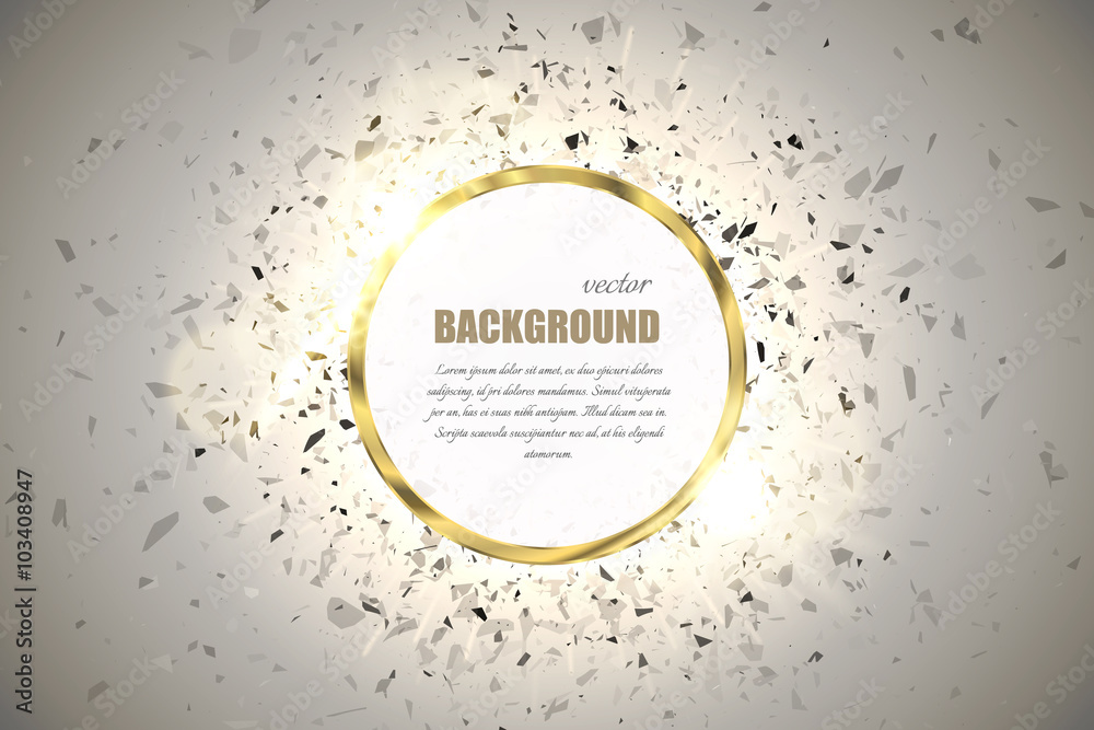 Poster vector ring background. metal chrome shine round frame with spark light effect and big explosion.