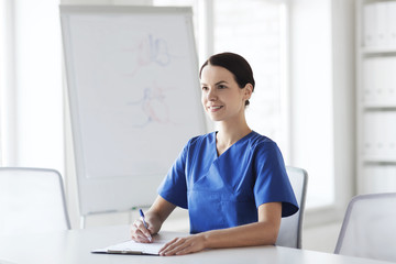 happy female doctor or nurse writing to clipboard