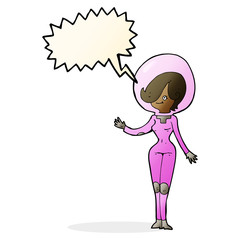 cartoon space woman with speech bubble