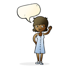 cartoon pretty woman waving with speech bubble