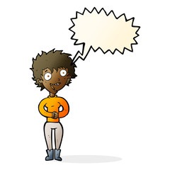 cartoon crazy excited woman with speech bubble