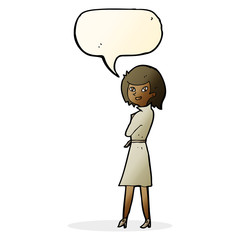 cartoon woman in trench coat with speech bubble