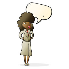 cartoon woman in trench coat with speech bubble