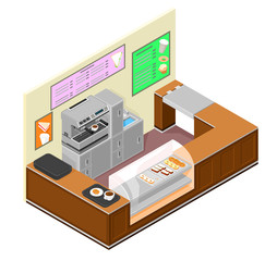 A vector isometric illustration of a delicatessen counter.
A deli counter top for serving food and beverages.