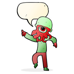 cartoon alien man dancing with speech bubble