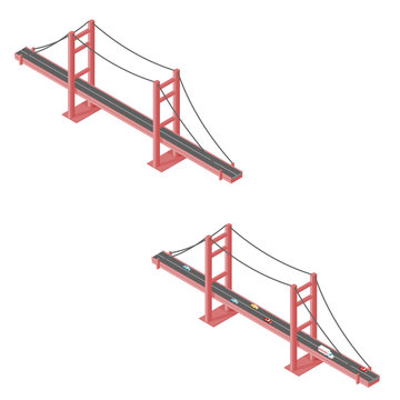A vector isometric illustration of a large Suspension Bridge.
Large steel bridge with cars driving over.