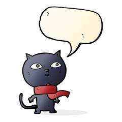 cartoon black cat wearing scarf with speech bubble