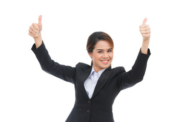 Asian business woman with thumbs up isolated on white background