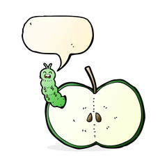 cartoon bug eating apple with speech bubble