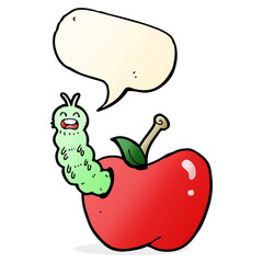 cartoon bug eating apple with speech bubble