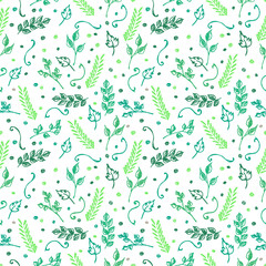 Seamless vector pattern, background with colorful branches and leaves on the white backdrop. Hand sketch drawing. Imitation of ink pencilling. Series of Hand Drawn Patterns.