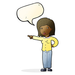cartoon woman pointing with speech bubble