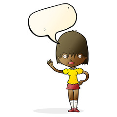 cartoon waving woman with speech bubble