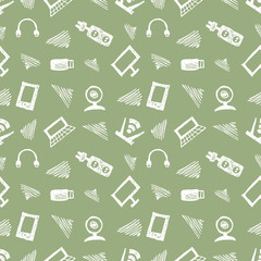 Seamless vector pattern, background monitor, notebook, router, usb and microphone on the green backdrop. Hand sketch drawing. Imitation of ink pencilling. Series of Hand Drawn and Technology Patterns.