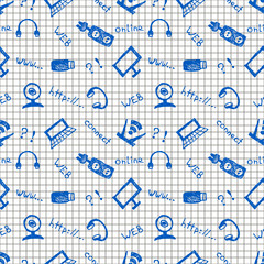 Seamless vector pattern, background monitor, notebook, router, usb and microphone on the checkered backdrop. Hand sketch drawing.  Series of Hand Drawn and Technology Patterns.