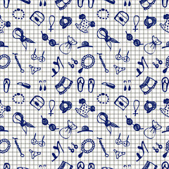 Semless vector pattern with clothes and accessory. Hand sketch drawing. Imitation of ink penciling. Series of Hand Drawn and Fashion Patterns.