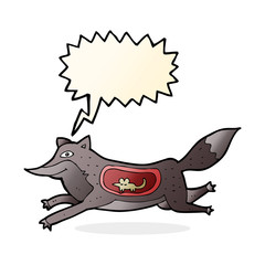 cartoon wolf with mouse in belly with speech bubble