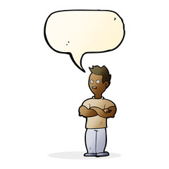 cartoon man with crossed arms with speech bubble