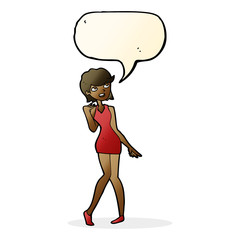 cartoon woman in cocktail dress with speech bubble