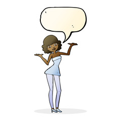 cartoon woman in cocktail dress with speech bubble