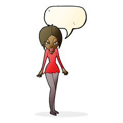 cartoon woman in short dress with speech bubble