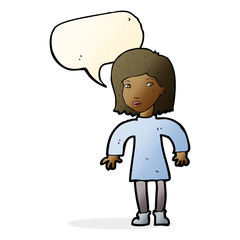 cartoon cautious woman with speech bubble