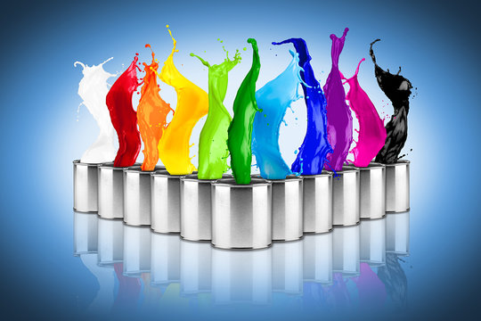 metal color dose row with colorful rainbow color splashes on blue background