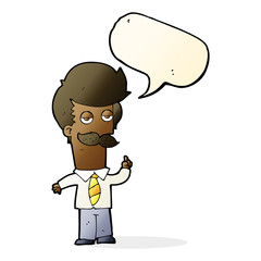 cartoon man with mustache explaining with speech bubble