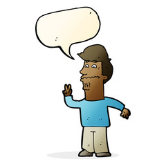 cartoon man giving peace sign with speech bubble