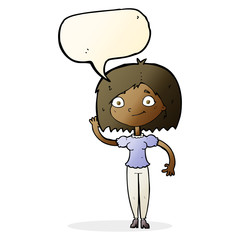 cartoon woman waving with speech bubble