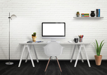 Modern office interior with computer on desk, plants, lamp, chair, shelf, books, white brick wall and black wooden floor.