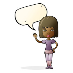 cartoon woman waving with speech bubble