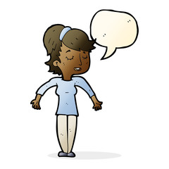 cartoon friendly woman shrugging shoulders with speech bubble