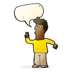 cartoon man giving peace sign with speech bubble