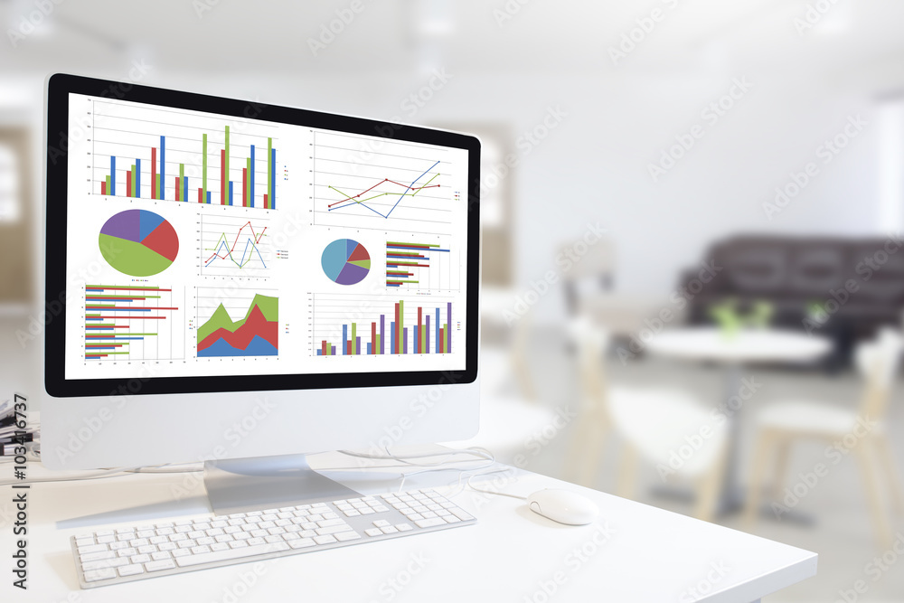 Poster Modern computer with keyboard and mouse on table showing charts