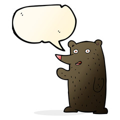 cartoon waving black bear with speech bubble