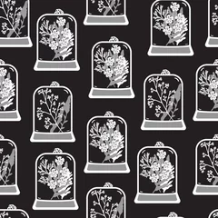 Papier Peint photo Plantes de terrarium Modèle sans couture avec des terrariums floraux dessinés à la main. Pendentif plante avec fleurs séchées, mousse et baies. Illustration vectorielle monochrome