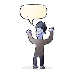 cartoon happy vampire man with speech bubble