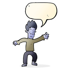 cartoon happy vampire man with speech bubble