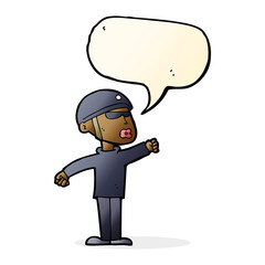 cartoon security guy with speech bubble