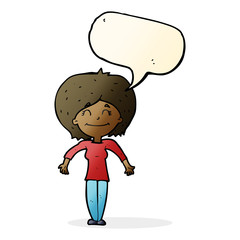 cartoon woman shrugging shoulders with speech bubble