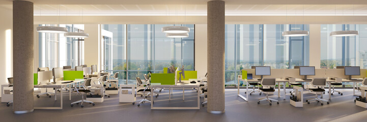office panorama view inside downtown skyscraper