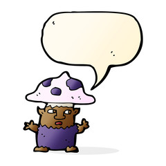 cartoon little mushroom man with speech bubble
