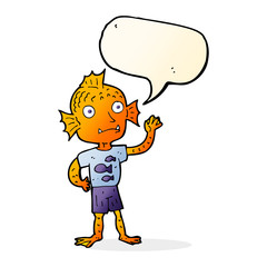 cartoon waving fish boy with speech bubble